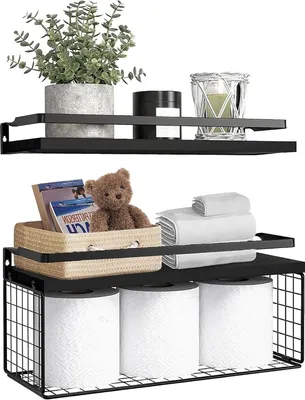 Produktbild von Wandregal, Regalwand, 2er-Set, schwebende Regale aus Holz mit Drahtkorb, Regalbrett, Wandregal, Gewürzregal, Hängeregal für Badezimmer, Schlafzimmer, Wohnzimmer, Waschküche
