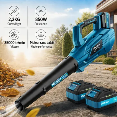 Image de Souffleur feuilles sans fil 18V/5200mAh - 850W brushless, 180 km/h - 5 vitesses réglables & 2 buses interchangeables