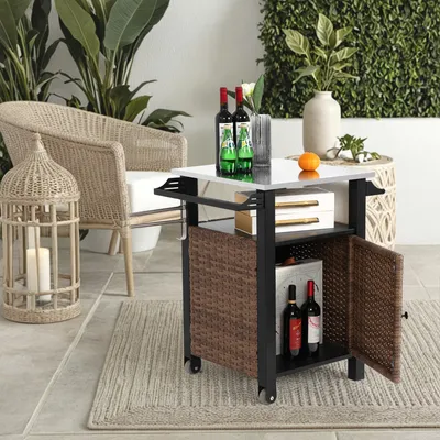 Immagine prodotto di Carrello bar con ruote AIORBER, carrello di servizio, piano allungabile, piano in acciaio inox, maniglie laterali, vimini rattan, per giardino, bar, 86x58x22cm, marrone