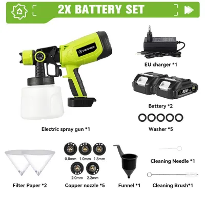 Obrázek produktu pro Bezdrátová stříkací pistole – ruční zařízení, 850 W – vysokotlaká – tryska 1,8 mm – nádrž 1400 ml – sada s 2 bateriemi