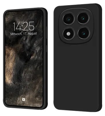 A black smartphone case is shown from the front and back, with the front displaying a lock screen.