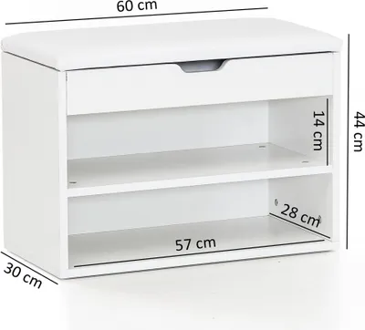 A white shoe bench with a padded seat and two open shelves, with dimensions indicated by measurement lines and text.