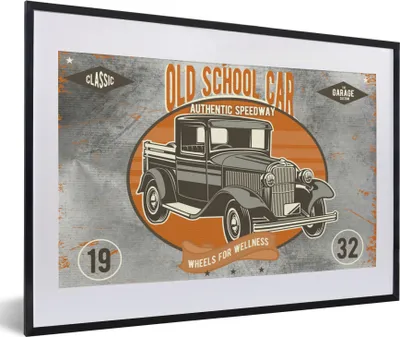 Produktbild von MuchoWow® MuchoWow® Gerahmtes Poster Mancave - Auto - Orange - Grau - Vintage 60x40 cm - Poster mit zchwarzem Bilderrahmen - Schlafzimmer - Plakat in Rahmen - Drucken