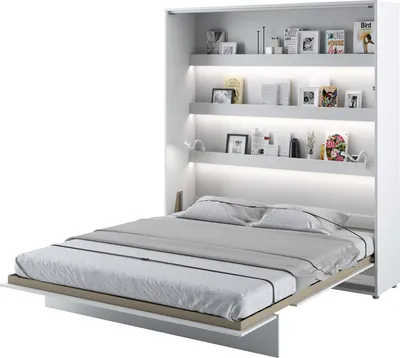 Produktbild von MEBLINI Schrankbett Bed Concept - Wandbett mit Lattenrost - Klappbett mit Schrank - Wandklappbett - Murphy Bed - Bettschrank - BC-13 - 180x200cm Vertikal - Weiß Hochglanz/Weiß mit Matratze