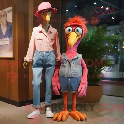 Produktbild von Maskottchen REDBROKOLY eines rostroten Flamingos mit Mom-Jeans und Baskenmütze