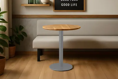 Produktbild von Bistrotisch rund mit Schweizer Kante Akazienholz natur massiv 70 cm Säulengestell silber BRASILIAN