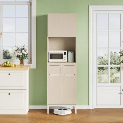 Produktbild von Küchenschrank mit Müllablage Hochschrank 181 cm Mikrowellenfach Höhenverstellbarer Stauraum für Staubsauger Vorratsschrank 53x35x181cm