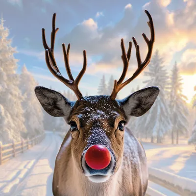 A close-up of a reindeer with a red nose in a snowy forest setting during sunset.