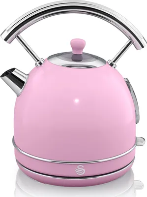 A pink electric kettle with a chrome handle and base, shown from the front.