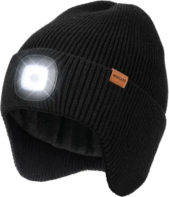 Produktbild von Mütze mit LED-Beleuchtung – Herren – Wintermütze mit Ohrenklappen – USB-C aufladbar – gestrickte Mütze mit Lampe