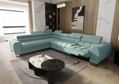 Productafbeelding van Eckbank met slaapfunctie, model BASTIEN RELAX, bekleed met stof Moly Sky, met een hocker aan de linkerkant