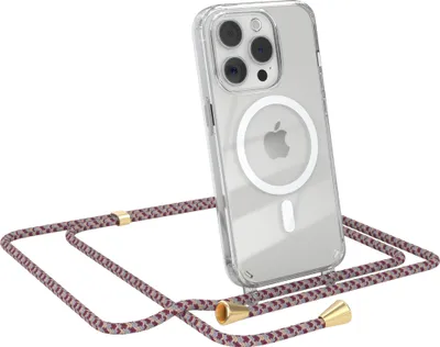Produktbild von EAZY CASE - Handykette kompatibel mit Apple iPhone 15 Pro Kette zum Umhängen Stoßfest Handyhülle für Apple iPhone 15 Pro Silikon Hülle mit Band Handytasche Transparent als Fallschutz in Rot Camouflage