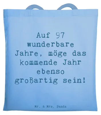 Produktbild von Mr. & Mrs. Panda Tote Bag Spruch 97. Geburtstag - Sky Blue - Geschenk, Schultasche, Tasche, Handarbeit, dokumententasche, Wertschätzung, inspirierende Worte, Glückwunsch