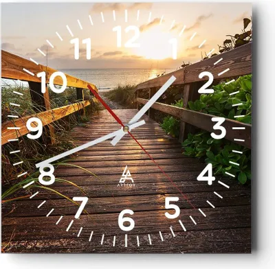 Produktbild von Wanduhr - Quadrat - Glasuhr - Fußgängerbrücke Meer Strand Ufer - 30x30cm - Schleichendes Uhrwerk - Lautlos - zum Aufhängen bereit - Dekoration Modern - Wanddekoration aus Glas - C4AC30x30-2617