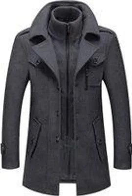 Image de ASKSA Hommes Manteau d'hiver longueur moyenne Manteau de laine double col amovible Veste d'hiver, Gris, XL