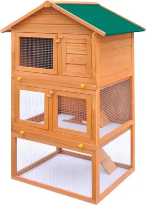 A three-tiered wooden rabbit hutch with a green roof, shown against a white background.