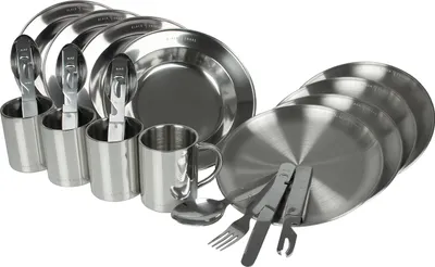 Produktbild von Camping Geschirr Set Edelstahl 4 Personen flache & tiefe Teller mit Besteck & Tassen