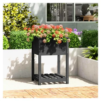 Produktbild von Pflanzkübel mit Ablage Grau 54x54x81 cm aus Kiefernholz, Blumentopf für Balkon, Terrasse und Garten