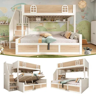 Produktbild von Merax Etagenbett 90/140x200cm mit Treppenschrank und Stauraum, Doppelstockbett mit Sicherheitsgeländer, platzsparend Kinderbett mit Lattenrost,Natur