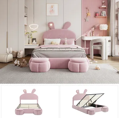 Produktbild von Flieks Polsterbett Kinderbett 140x200cm mit 2 Sitzbank, Hydraulisches Doppelbett Jugendbett Holzbett mit Led & Kaninchenohrenmuster, Stauraumbett Samt