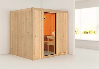 Produktbild von Elementsauna Karibu Sodina ohne Ofen und Dachkranz mit bronzierter Ganzglastüre