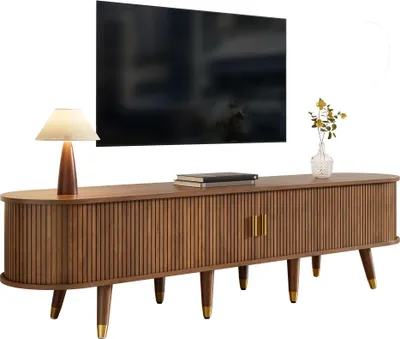Zdjęcie produktu dla Szafka RTV Sweiko 175 cm z rattanowymi drzwiami przesuwnymi, o wyglądzie orzecha włoskiego i dużą ilością miejsca do przechowywania - stolik RTV w stylu wiejskim wykonany z płyty MDF z otwartymi przegrodami, szufladami i szafką - naturalny design