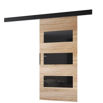 Produktbild von MINIO go for it, Schiebetür "PRIM E", Zimmertür, mit schwarzen Dekorelementen, schwarzer Griff, 106 cm, Sonoma Eiche / Schwarze Farbe