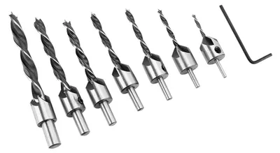 Produktbild von 7-teiliges Senkerbohrer-Set aus Stahl mit Durchmessern von 3 mm bis 10 mm und einem Sechskantschlüssel für die Holzbearbeitung