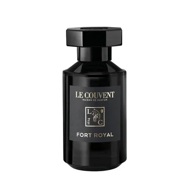 A black bottle of perfume on a white background.