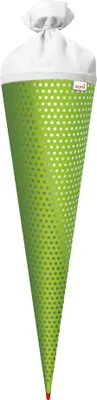 Produktbild von Bastel-Schultüte groß grün - Punkte mit Glanz-Effekt 70 cm - rund Rot(h)-Spitze und Filzverschluss weiss