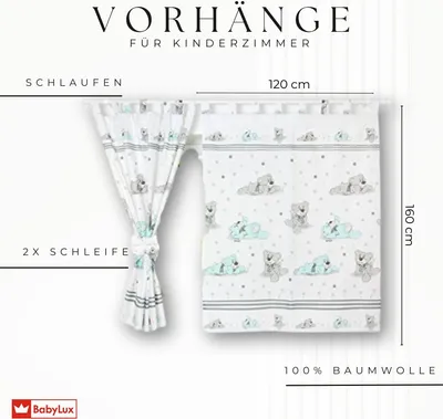 Produktbild von BABYLUX Kinderzimmer VORHÄNGE mit Schlaufen 68. Bär Träumer Minze