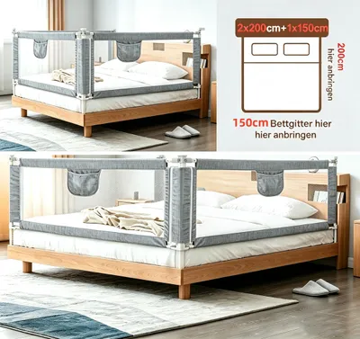 Produktbild von 3 Seiten Bettgitter Rausfallschutz 2x200cm+1x150cm,Höhenverstellbar 72-105cm,Bettschutzgitter Rausfallschutz Bett für 1,5M Kinder & Elternbetten