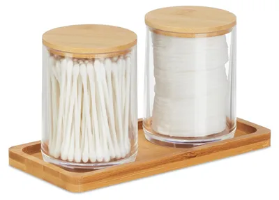 Image de Omgoods - Boîte de rangement pour cotons, avec 2 compartiments et couvercle en plastique et en bambou