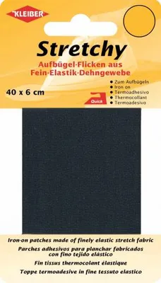 The image shows the packaging for iron-on patches, with a sample of the fabric displayed.