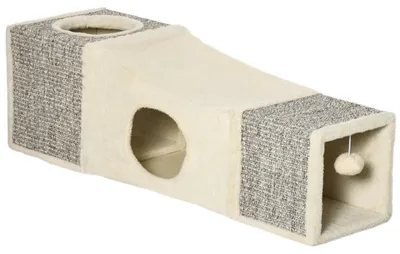 Image de Tunnel pour chats avec des maisons et des griffoirs intégrés | Couleur : Marron et beige | Dimensions : 30 x 98 x 30 cm