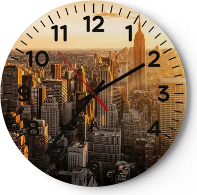 Produktbild von Wanduhr - Rund - Glasuhr - New York Wolkenkratzer Manhattan - 40x40cm - Schleichendes Uhrwerk - Lautlos - zum Aufhängen bereit - Dekoration Modern - Wanddekoration aus Glas - C4AR40x40-2672