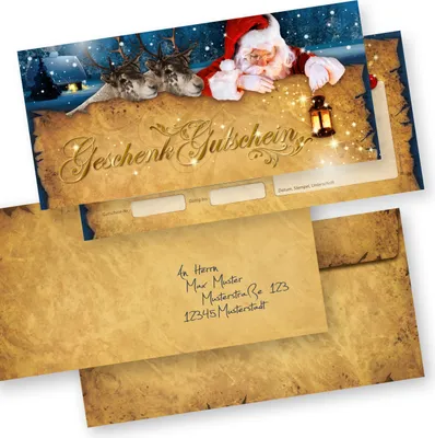 Produktbild von Geschenkgutscheine Weihnachten Nordpol Express 250 Stück mit Umschlag - Gutscheine Gutscheinkarten Weihnachten für Kunden für Firma Gewerbe