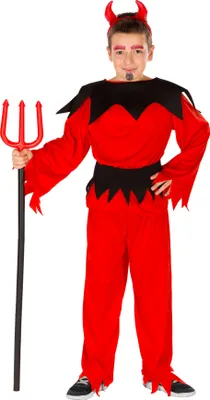 A young boy dressed in a devil costume, holding a trident.
