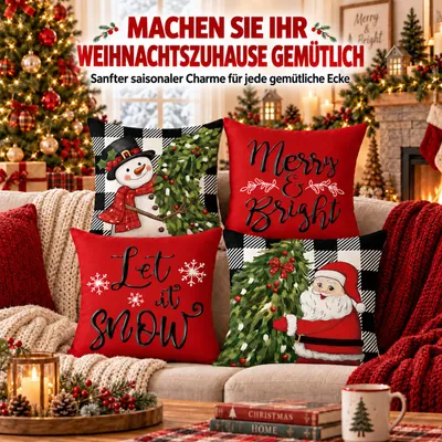 Image de Lot de 4 housses de coussin de Noël, 45 x 45 cm, couleurs variées, mélange de lin, pour décoration de canapé ou de chambre
