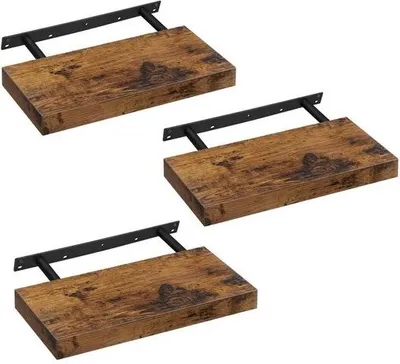 Three wooden shelves with black metal brackets are arranged diagonally on a white background.