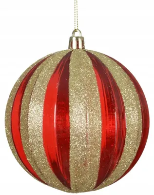 Produktbild von Bruchsichere Weihnachtskugel aus Kunststoff, 10 cm, rot-gold gestreift, Christbaumschmuck, 1 Stück