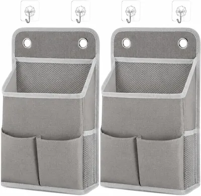Productafbeelding van Opvouwbare hangende organizers met 3 vakken - Set van 2 - Grijze wandtassen van katoen-linnenmix - 36 x 22 x 10 cm