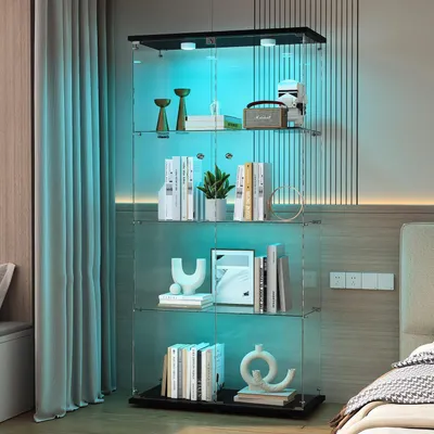 Image de Vitrine en verre, dimensions 164 x 80,5 x 36,5 cm, couleur noire, avec 4 étagères, 2 portes avec serrure et éclairage LED RGB