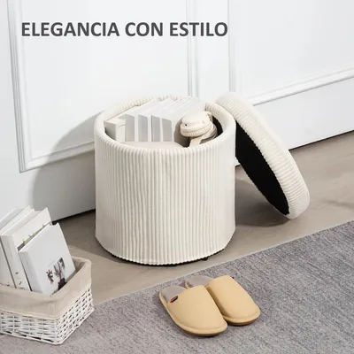 Obrázek produktu pro Úložný taburet – kulatý pouf – potah z manšestru – odnímatelné víko – polstrovaná sedací plocha – dřevěný rám – Ø 40 x 41 cm – bílá barva
