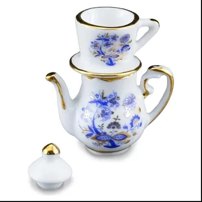 Zdjęcie produktu dla Miniaturowy dzbanek do kawy z filtrem, z motywem cebulek, porcelanowy