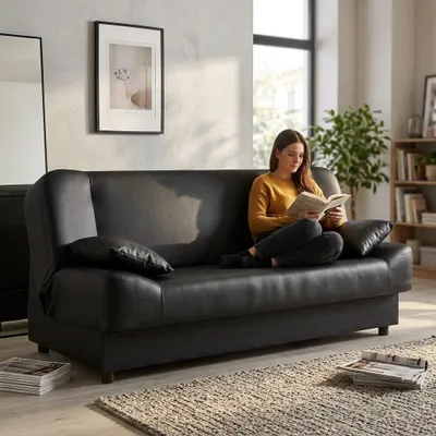 Produktbild von Schlafsofa SARA Boston – mit Schlaffunktion, Kunstleder in Schwarz, Family Meble, KI-generiertes Bild