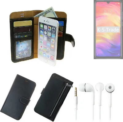 Produktbild von TOP SET Handy Hülle Schutz Hülle kompatibel mit Xiaomi Redmi Note 7 Global  schwarz aus Kunstleder + Kopfhörer Smartphone Tasche vollwertige