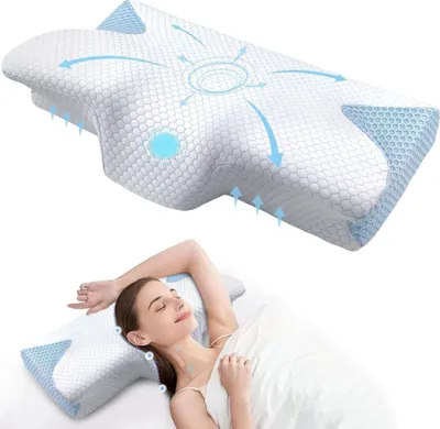 Obrázok produktu pre Ortopedický vankúš z pamäťovej peny, Linomag®, Ergonomický dizajn na podporu krčnej chrbtice, Uvoľnenie a vyrovnanie chrbtice, Ideálny pri bolestiach krku a chrbta, Pre osoby spiace na boku, chrbte alebo na bruchu, Prateľný poťah, Biela/svetlomodrá, 60 x 35 x 11,5 cm