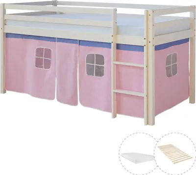 Image de Lits superposé 90x200 cm avec Matelas Lit mezzanine en Bois Pin Massif Rideau Rose Sommier à lattes