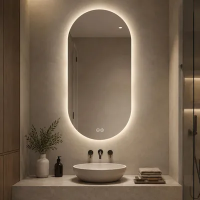 Produktbild von MODFU Wandspiegel mit 5 mm Silberspiegel,60x120cm,Ellipsen-Badspiegel mit LED und Anti-Beschlag-Funktion,smarter Badezimmerspiegel für Badezimmer,Silber